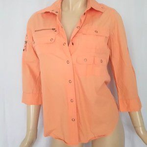 CHICO'S Orange Snap Closure Shirt Top Sz 0/S Cute!